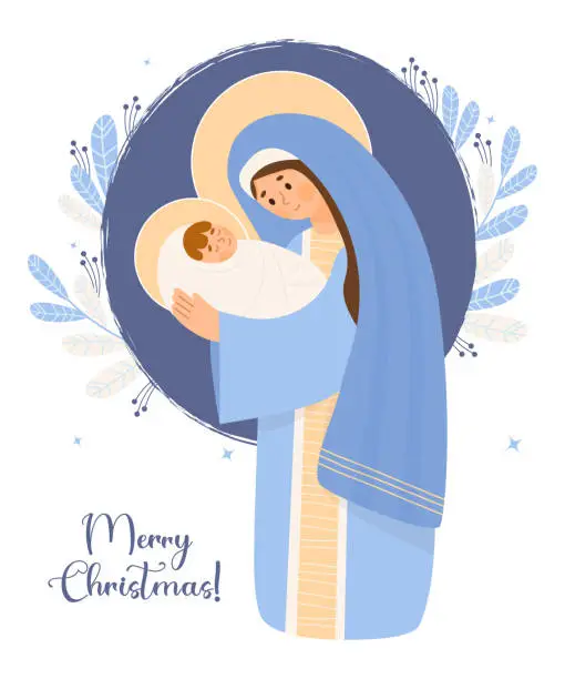 Vector illustration of Merry Christmas card. Virgin Mary standing with baby Jesus Christ. Birth of Savior. Holy Night. Vector illustration in cartoon flat style for Xmas holiday design, decor, postcards.
