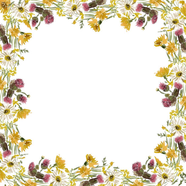 istock Decorative square greeting card with border from watercolor wildflowers sketches 1706533286