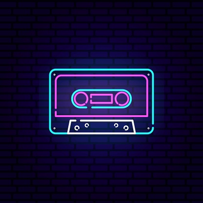 Audio retro cassette neon sign Light banner. Design element neon signboard. Colorful billboard Vector illustration