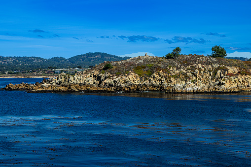 Wide view of rocky shore in Whaler's Cove, in Point Lobos State Park.\n\nTaken in Point Lobos State Park, California, USA