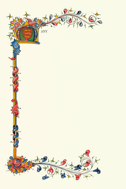 Vintage illustration Capital Letter M, Ornate floral pattern Medieval style border, Three Lions of England