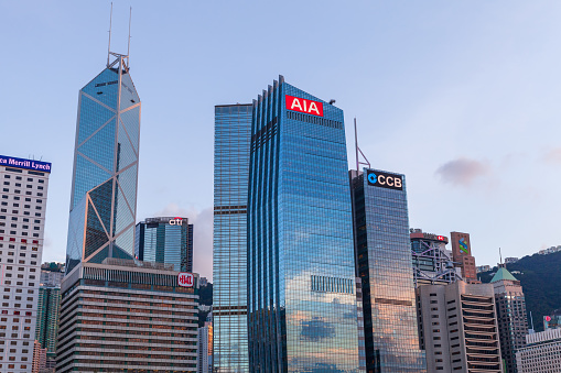 Hong Kong, China - December 14 2023: Low perspective view of Central Government Complex of HKSAR.