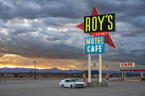 Amboy, California - January 19, 2023: Roy's Cafe and Motel is an iconic desert pit stop along historic Route 66.