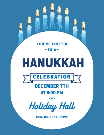 A simple Hanukkah party or dinner invitation on a flat color background with menorah candles.