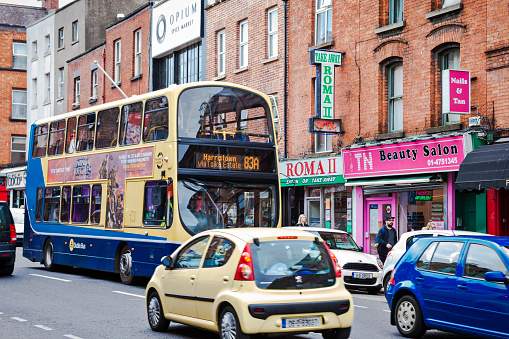 Dublin, Ireland - May 20, 2016. Dublin Bus public transit on a busy city street in downtown Dublin the capital of Ireland.