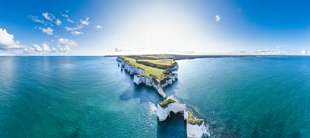 Amazing panorama aerial view of the famous Old Harry Rocks, the most eastern point of the Jurassic Coast, a UNESCO World Heritage Site, UK
