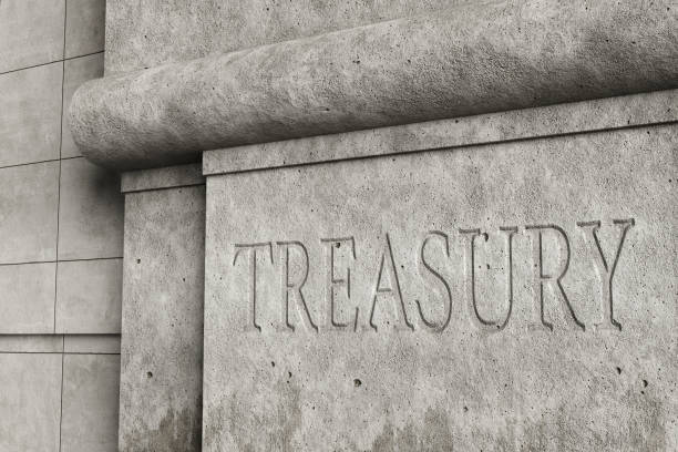 retro style concrete wall engraved with the word treasury. illustration of the concept of the issues and affairs related to the financial department of the government - us treasury department imagens e fotografias de stock