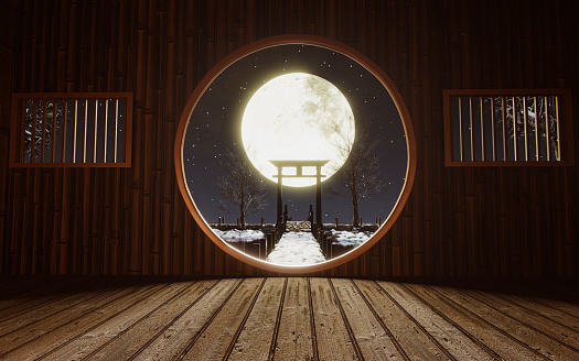 full moon night Bright golden moon. bamboo hut Ancient Chinese style with a wooden bridge stretching out to the sea. shadow stone arch from the moonlight. 3d rendering