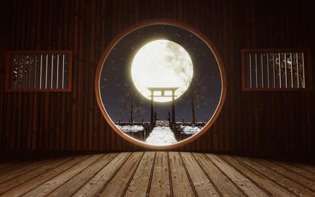 full moon night Bright golden moon. bamboo hut Ancient Chinese style with a wooden bridge stretching out to the sea. shadow stone arch from the moonlight. 3d rendering full moon night Bright golden moon. bamboo hut Ancient Chinese style with a wooden bridge stretching out to the sea. shadow stone arch from the moonlight. 3d rendering bamboo bridge stock pictures, royalty-free photos & images