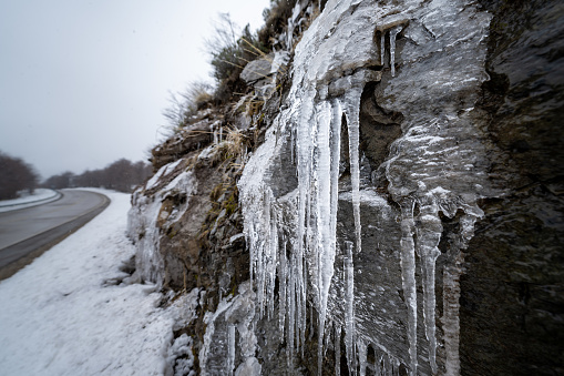 Icicles hanging from a rock beside Carretera Austral at Cerro Castillo national park in the Chilean Patagonia