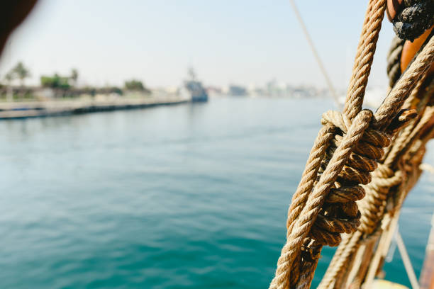 Rigging and ropes on an old sailing ship to sail in summer.