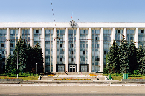 Chisinau, Moldova: Government House ('Casa Guvernului') - seat of the Government of the Republic of Moldova - office of the prime minister - completed in 1964 as the  headquarters of the Council of Ministers of the Moldovan SSR - architect Semyon Fridlin - Great National Assembly Square and Stefan cel Mare Avenue, Buiucani district.