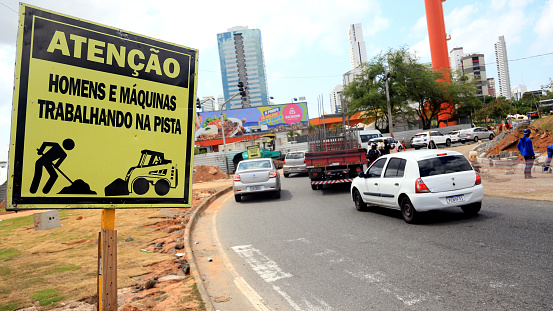 salvador, bahia, brazil - september 25, 2023: signpost for works on a public road in the city of Salvador