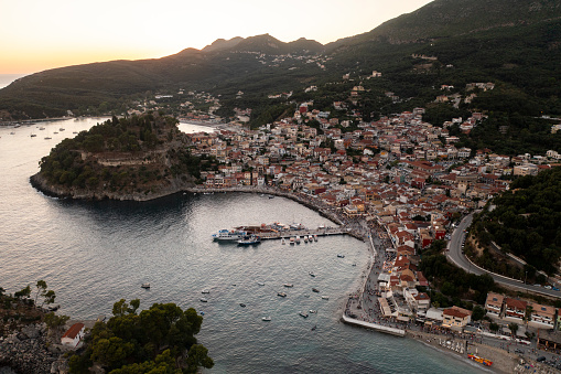 Aerial drone view of Parga in Greece