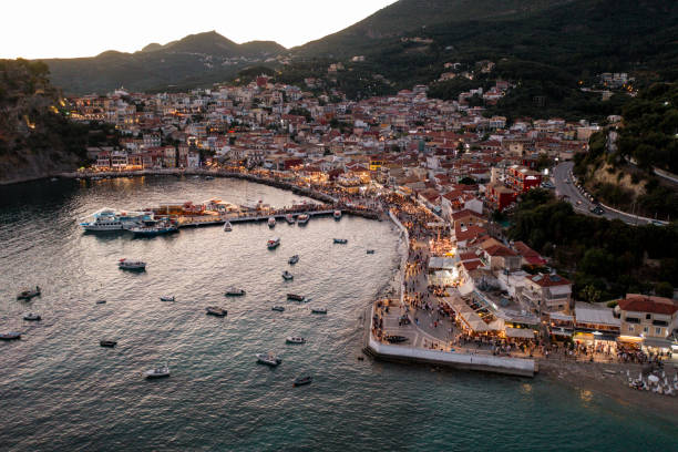 Aerial drone view of Parga in Greece Aerial drone view of Parga in Greece parga greece stock pictures, royalty-free photos & images