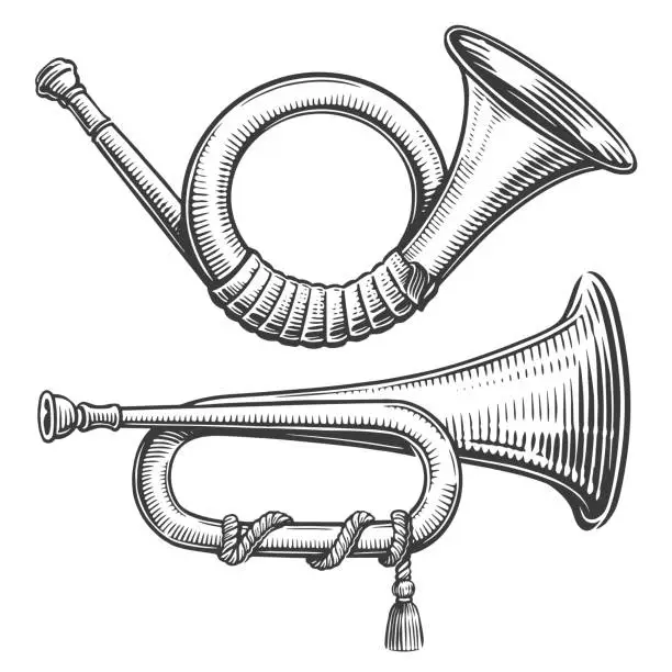 Vector illustration of Vintage post horn or hunting horn. Hand drawn sketch vector illustration in engraving style