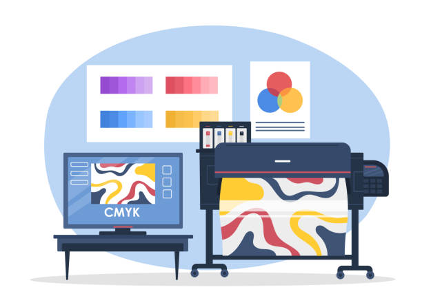 CMYK print vector concept CMYK print concept. Paper with colorful abstract shapes and geomteric figures. Cyan, Magenta, Yellow, Key or Black print technology, innovations. Cartoon flat vector illustration computer printer stock illustrations
