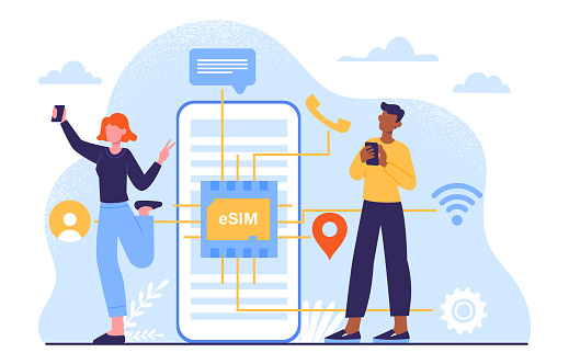 Built in eSim concept. Man and woman near SIM card at smartphone. Distance communication and interaction. Mobile wireless connection and internet, 5G. Cartoon flat vector illustration