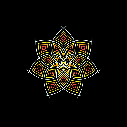 Simple composition of abstract flower with mandala shape and black background.