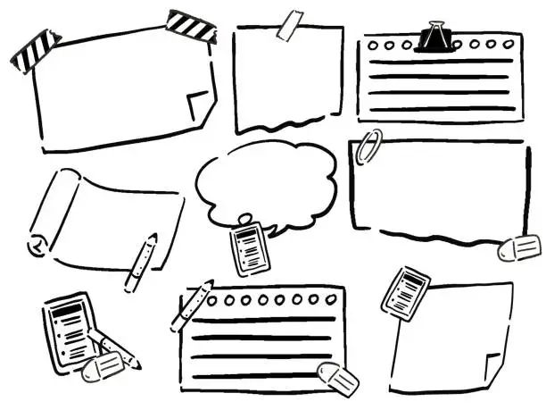 Vector illustration of Notes and Notebooks Sticky Notes Frame Illustration Set Line Art