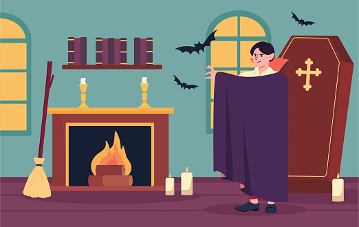 Vampire house concept. Man in violet coat indoor with black bats near coffin. Fantasy and imagination. Fairy tale and fiction character. Dracula want blood. Cartoon flat vector illustration