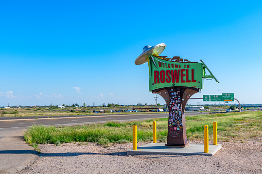 Roswell, United States - September 25, 2023:  A welcome sign to Roswell, New Mexico, the legendary location of a U.F.O. crash in 1947.