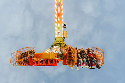 Valencia, Spain - January 19, 2019: Amusement park attraction, concept of speed and vertigo.