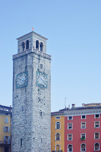Clocktower and traditional houses at Riva del Garda at the northern tip of Lake Garda