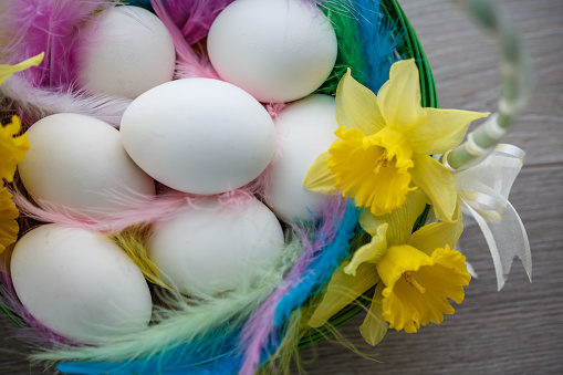 Directly above of chicken Easter eggs placed on basket with colorful feathers and yellow flowers.