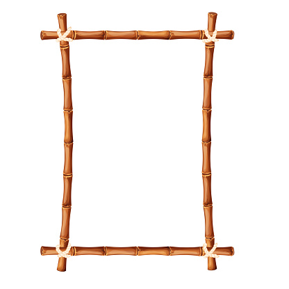 Bamboo frame with old parchment paper decorated with rope in cartoon style isolated on white background. Game ui board, sign. Vector illustration