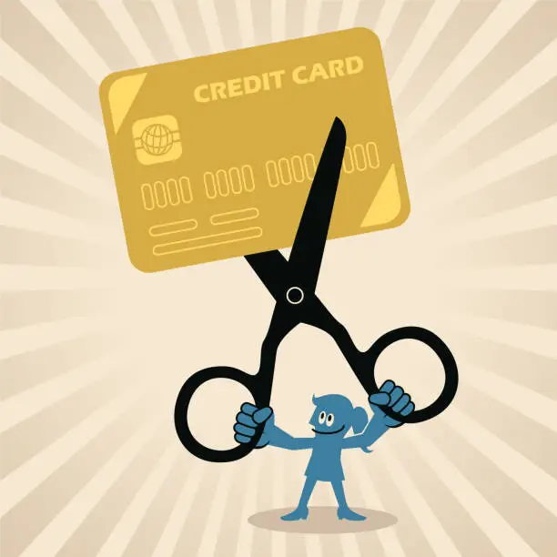 Vector illustration of A businesswoman cutting off a credit card with scissors