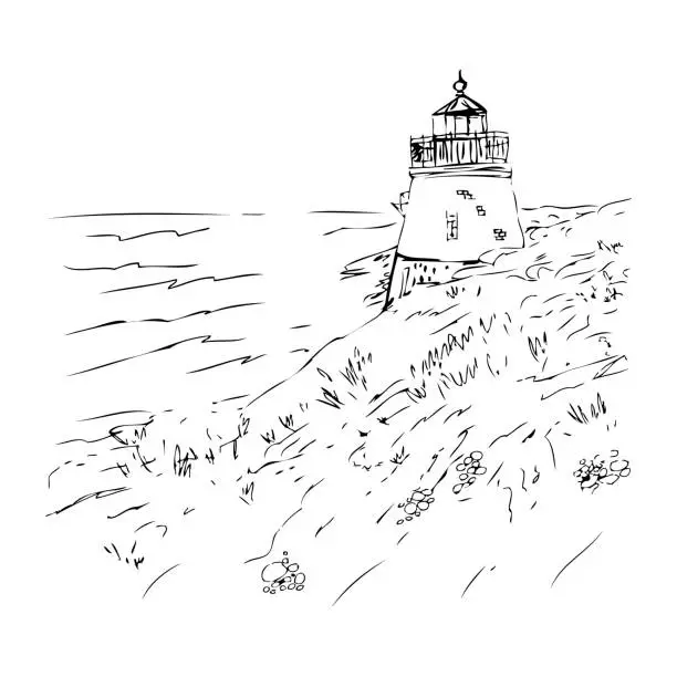 Vector illustration of Hand drawing ink sketch lighthouse on the seashore. Perfect print for tee, poster, card, sticker. Doodle vector illustration.