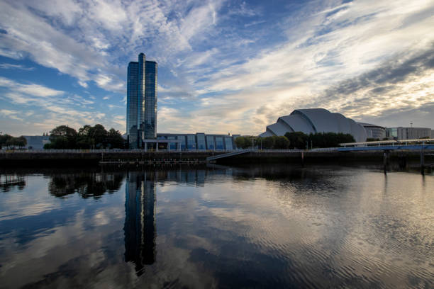 Glasgow, Scotland - 12th September 2023: Sunrise over the Clyde Waterfront in central Glasgow, Scotland