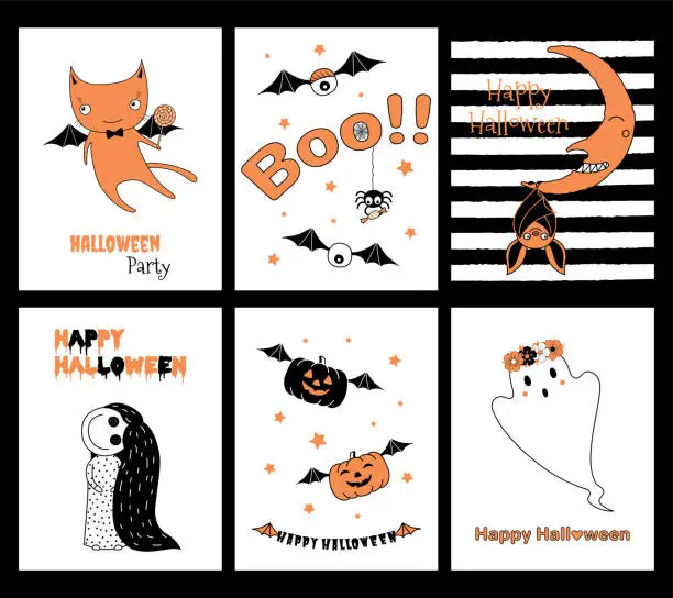 Vector illustration of Set of Halloween greeting cards