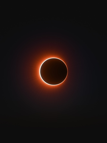 Red total solar eclipse, alignment of sun, earth and moon on a dark sky - Eclipse total de sol rojo, alineación del Sol, la Tierra y la Luna en cielo oscuro