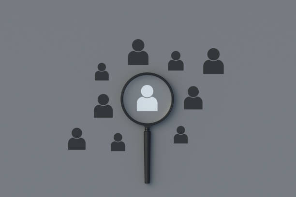 istock Human resources concept. Hr management. Identification of people. Job candidate. Search for a client. New employee. A magnifying glass with selected icon of a person. 3d render 1707007796
