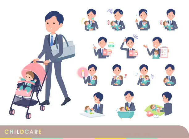Vector illustration of A set of consultant job man who take care of their baby