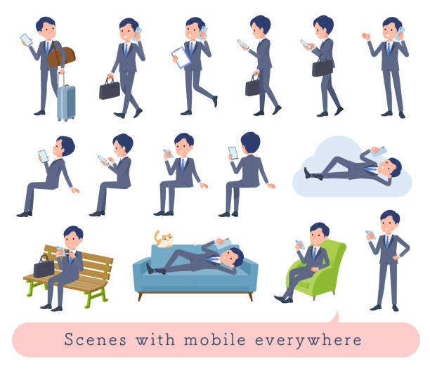 ilustraciones, imágenes clip art, dibujos animados e iconos de stock de un conjunto de consultor de trabajo que usa un teléfono inteligente en varias escenas - sleeping on the job illustrations