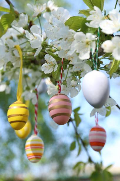 istock Beautifully painted Easter eggs hanging on blooming tree outdoors, closeup 1707024943