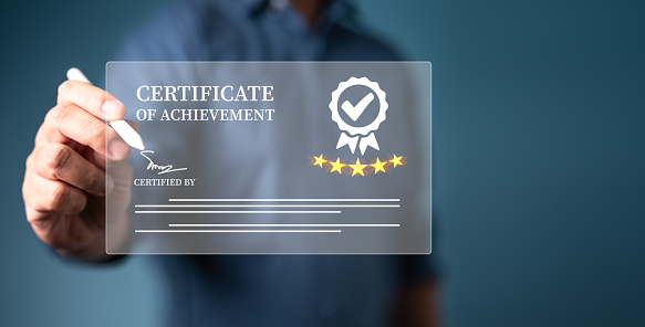 Manager sign Certificate of Achievement on virtual screen. Digital signature for assurance, excellent service, high quality, and excellence. Quality Assurance Guarantee for best or premium service.