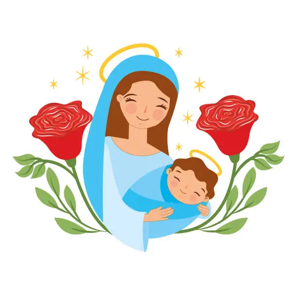 Vector illustration of cute holy virgin mary with baby jesus vector