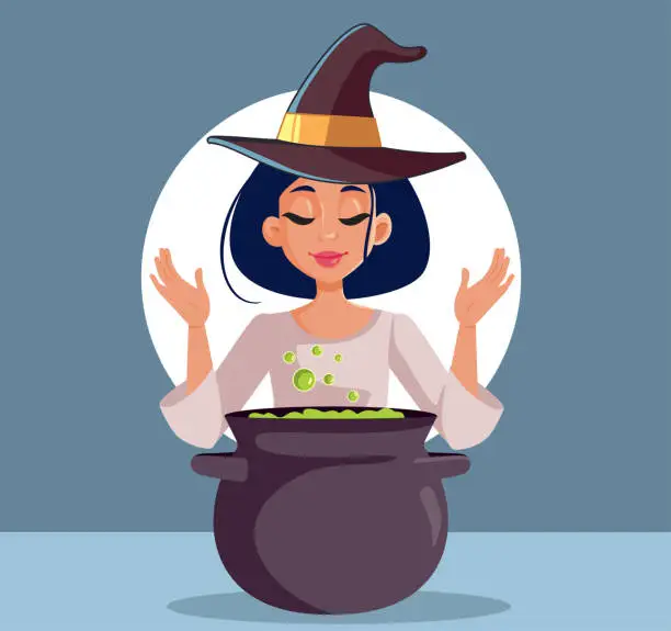 Vector illustration of Beautiful Witch Making a Magic Potion in a Cauldron Vector Cartoon