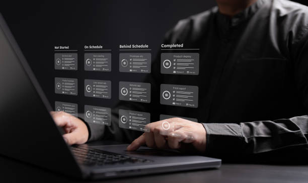 istock Planner and task handle application. Businessman or project manager use laptop with responsible methodology boards virtual interface screen. Process, workflow, task list, due date management tool. 1707068878
