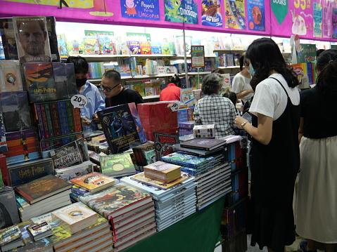 Bangkok, Thailand-April 6, 2023: People at book fair in Bangkok