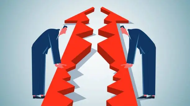 Vector illustration of Broken negotiations, termination of a partnership or agreement, bad cooperation or poor business relations, two businessmen standing on either side of a broken arrow