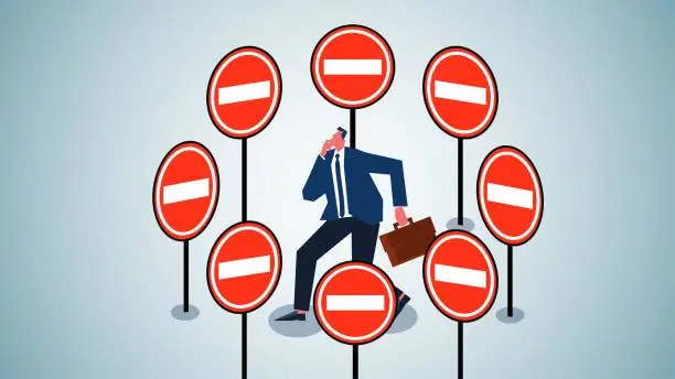 Vector illustration of Businessman Prohibited, Stopped, Illegal, Dangerous, Warning, Not Allowed, Businessman Prohibited Signage Surrounding