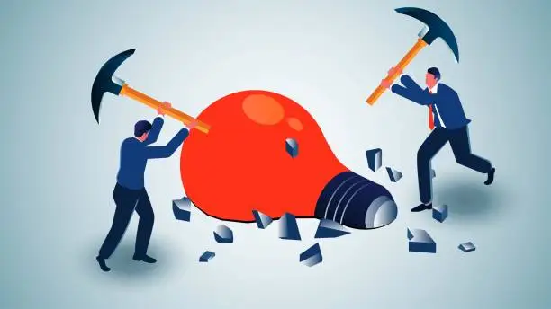 Vector illustration of Uncovering new ideas and thoughts, the process of learning, developing new educational or business ideas, latent creativity, isometric Two businessmen with a hoe digging for a light bulb buried in the ground