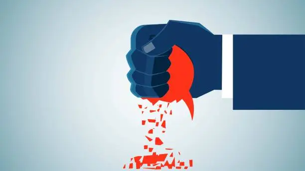Vector illustration of Broken promises, dishonesty, lies, scams, business fraud, ineffective cooperation or verbal agreements, betrayal, huge fists crushing speech bubbles