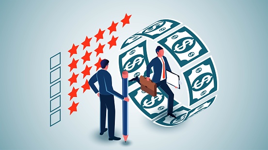 Project performance ratings or reviews, salary or bonus settlement calculations, ratings or satisfaction feedback, ratings of earning power, one businessman running inside the money cage another businessman responsible for ratings