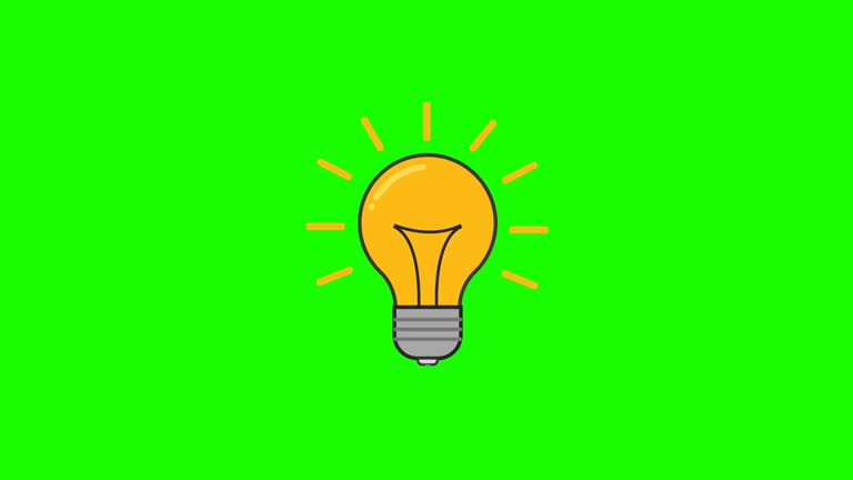 Light bulb animation. Ray shine appear when electricity wire connected to the light bulb on green screen background. Creative thinking idea and problem solving concept.